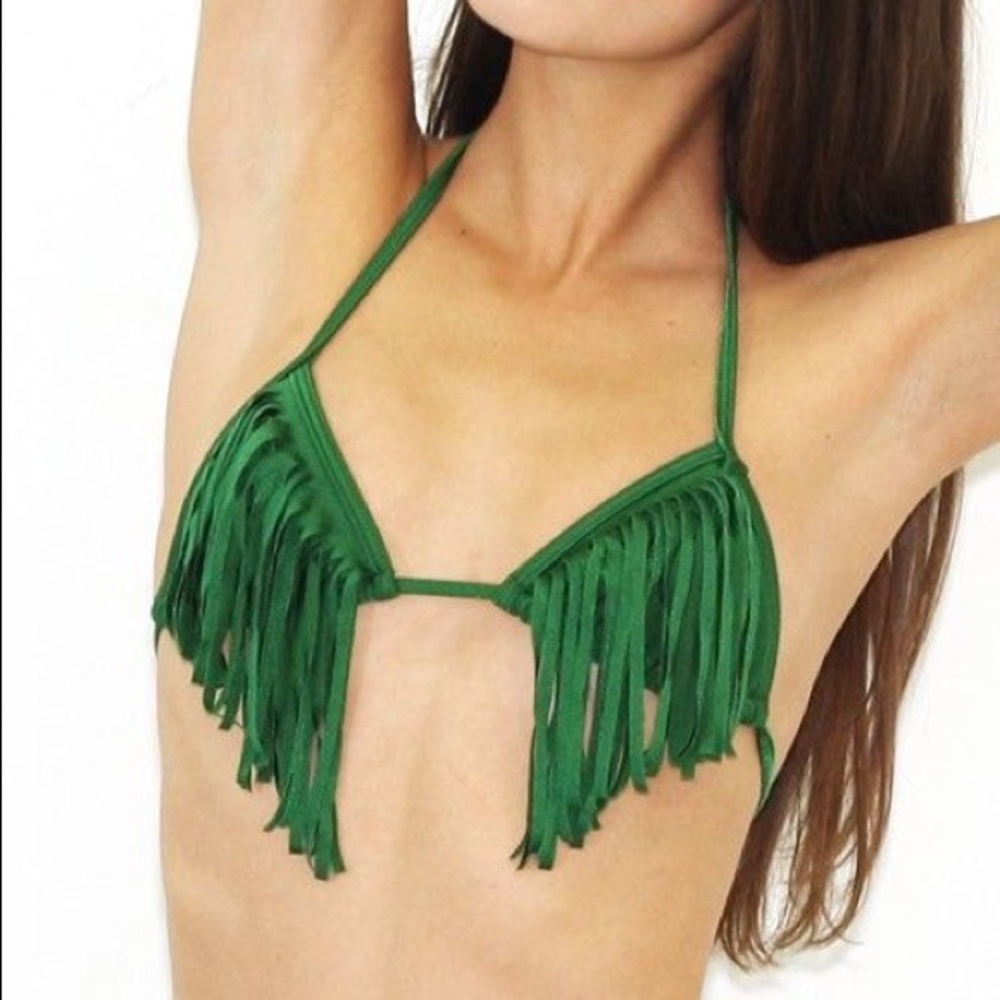 Stone Fox Swim Harlow Fringe Bikini Top in Green M